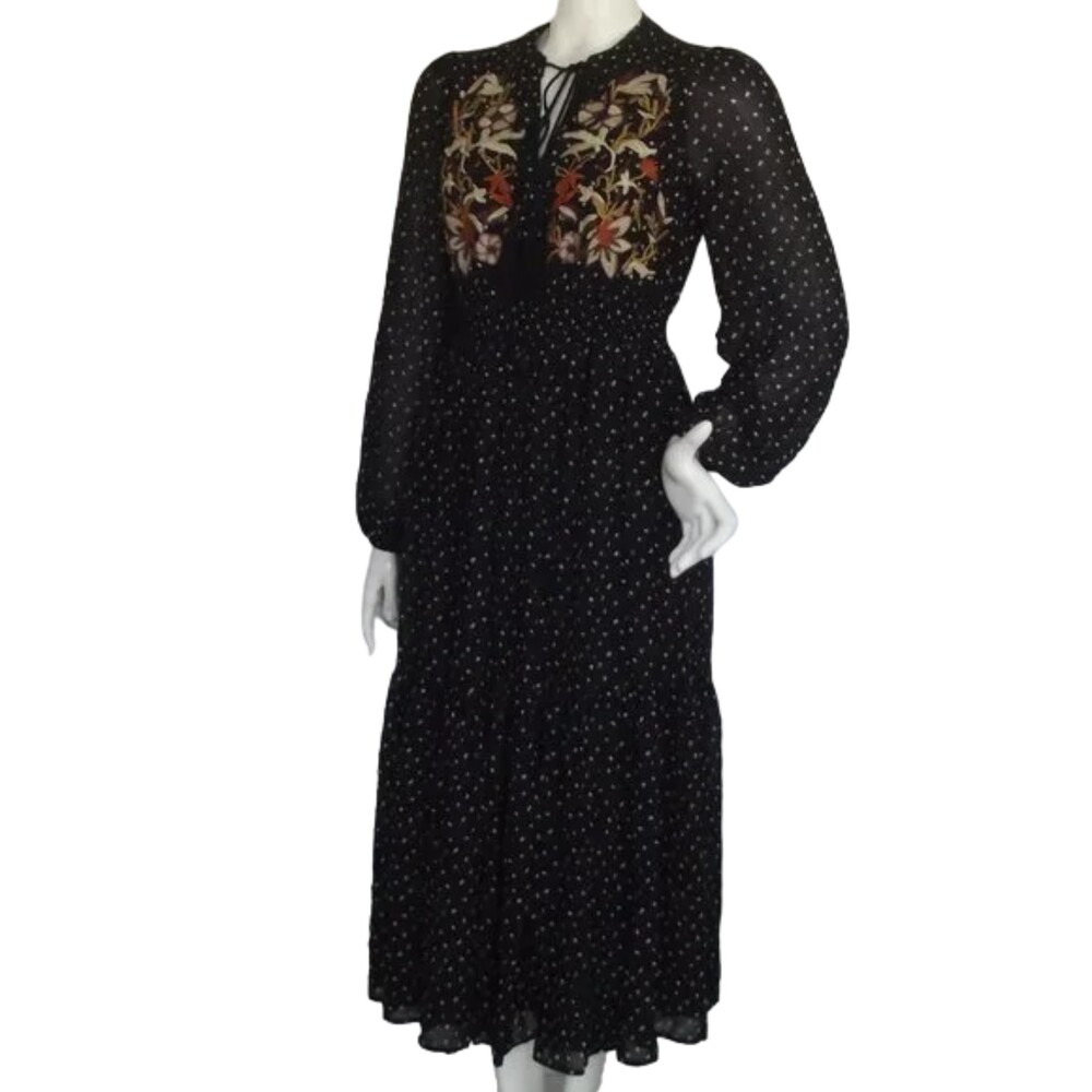 RUSTTYDUSTTY Midi Dress, S, Black, Floral Embroidery, Ruffles, Long sleeve - Picture 4 of 13